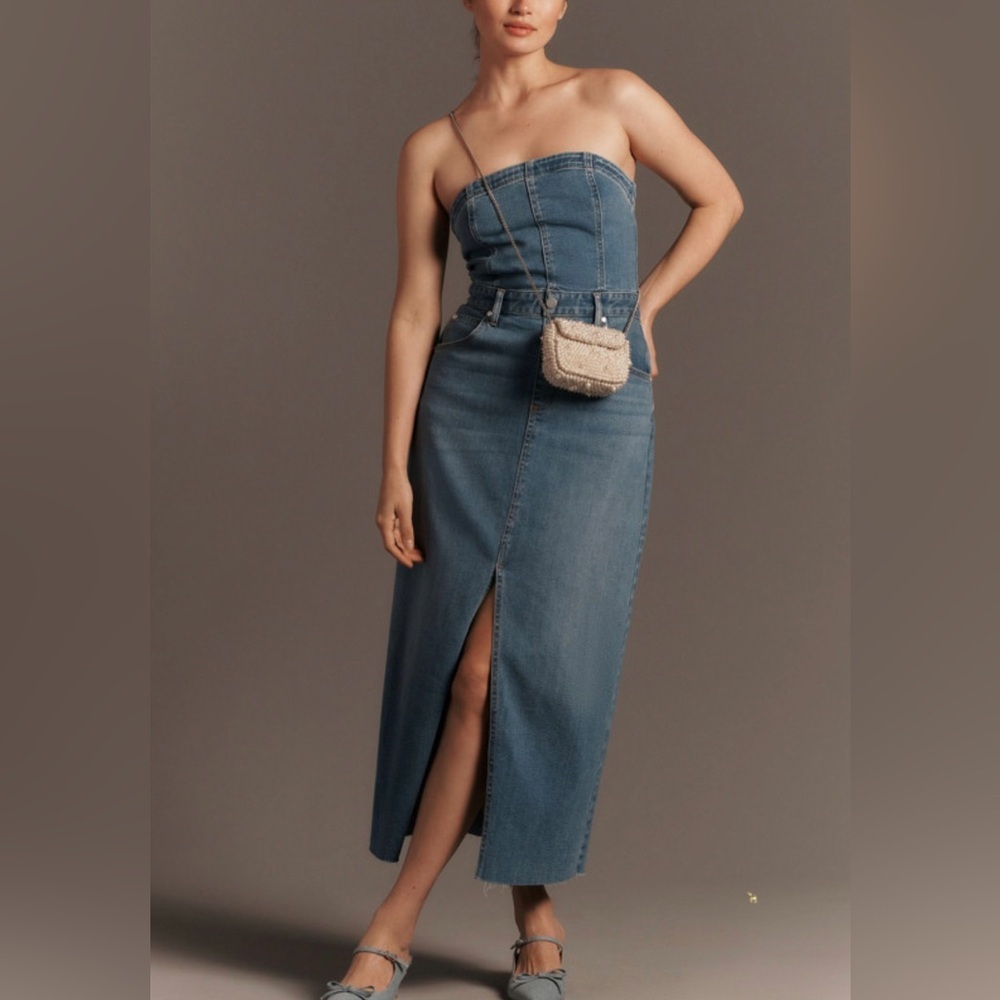 Pilcro Anthropologie $158 The Madi Front Slit Denim Strapless Dress Western Y2K